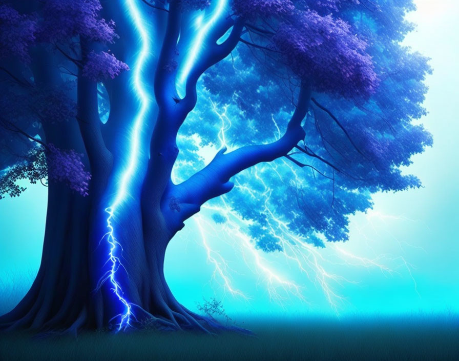 Blue mystical tree with glowing trunk and lightning background