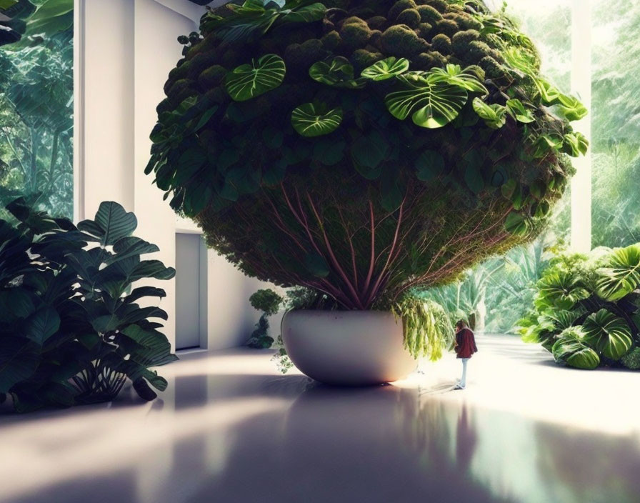 Person near large spherical indoor planter with lush green tree and floor-to-ceiling windows