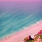 Pastel-toned aerial view of beach and cliff with gentle waves and green vegetation