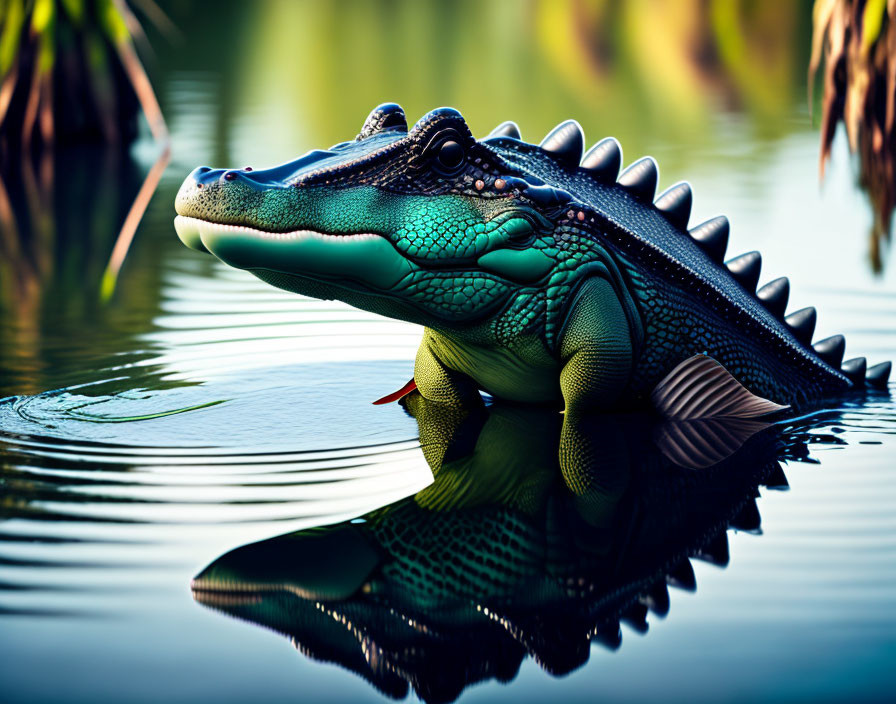 Colorful Anthropomorphic Alligator Artwork in Water