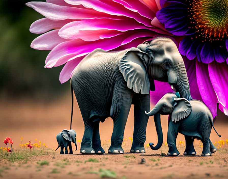 Surreal digital image of decreasing elephants with oversized flower