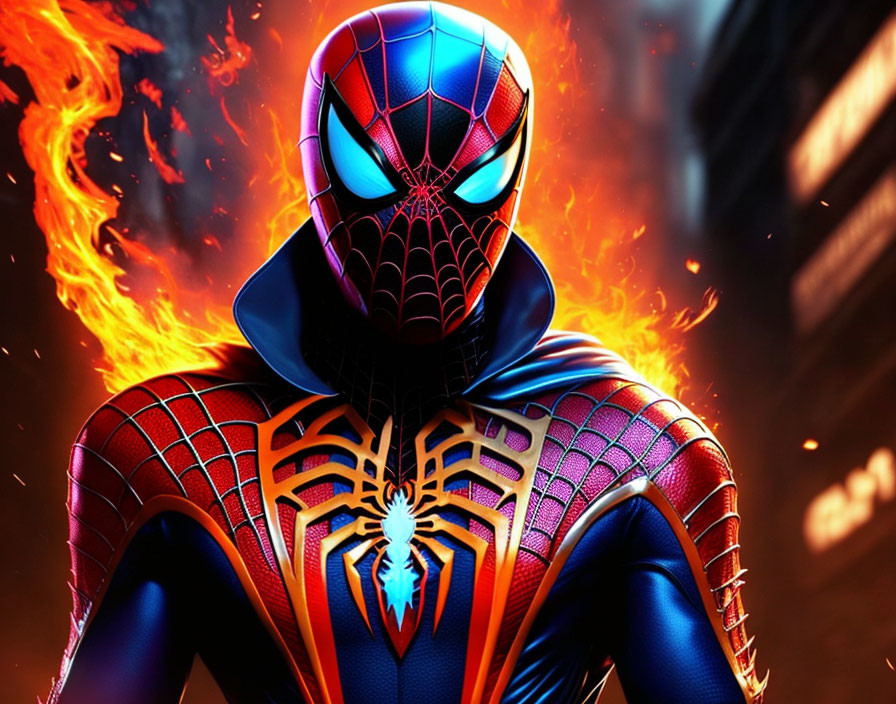 Detailed Spider-Man Costume with Fiery Background Art