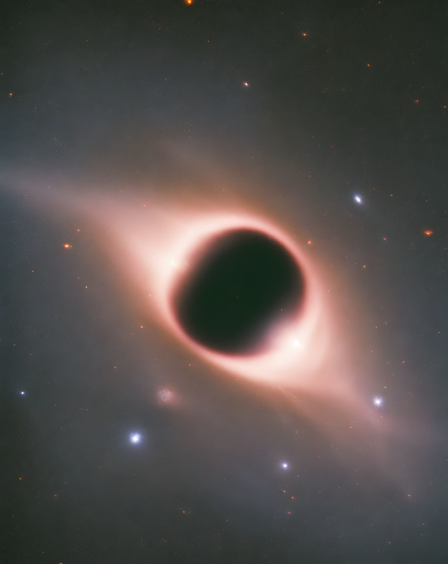 Black hole with accretion disk emitting light in cosmic backdrop