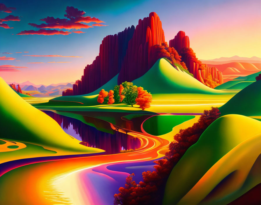 Colorful surreal landscape: rolling hills, reflective river, red rock formations, sunset sky