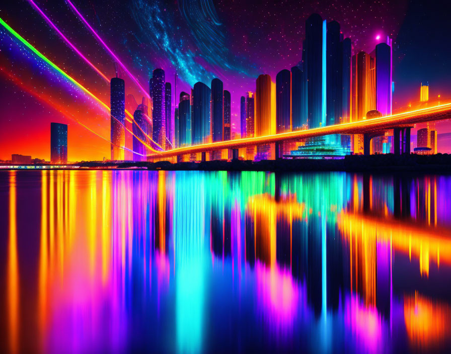 Vibrant neon-lit futuristic cityscape with lasers above skyscrapers