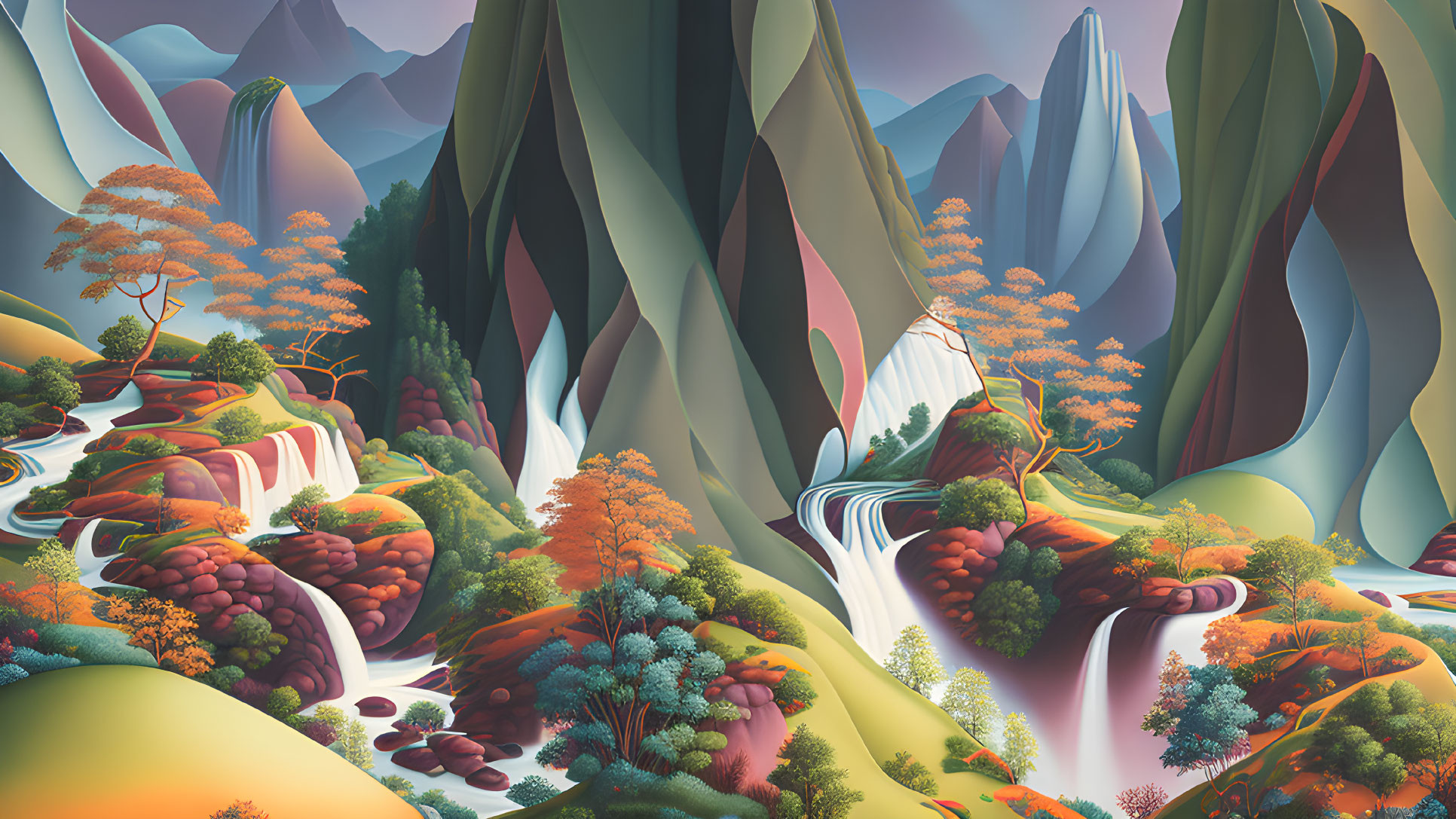 Colorful landscape with waterfalls, foliage, and mountains