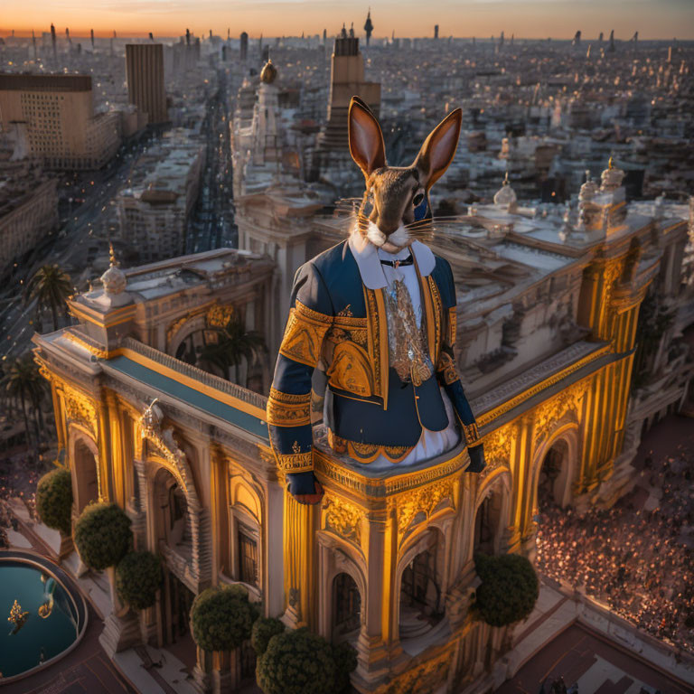 Surreal kangaroo in historic military uniform overlooking ornate cityscape at sunset