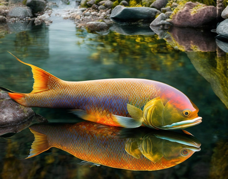 Vibrant orange fish in clear waters with rocky streambed