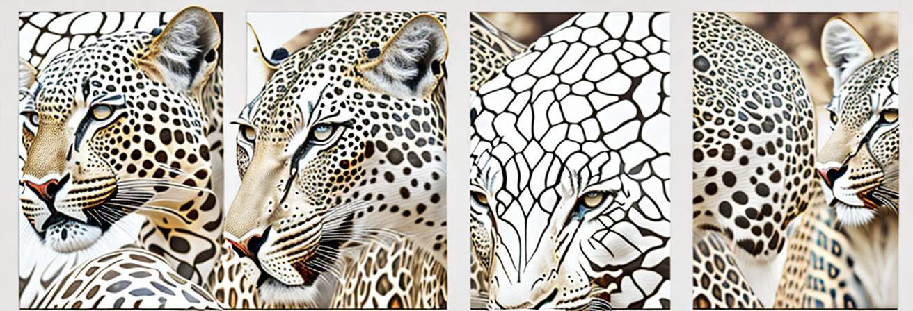 Four-panel Leopard Artwork: Face, Skin Pattern, Merged Close-Up