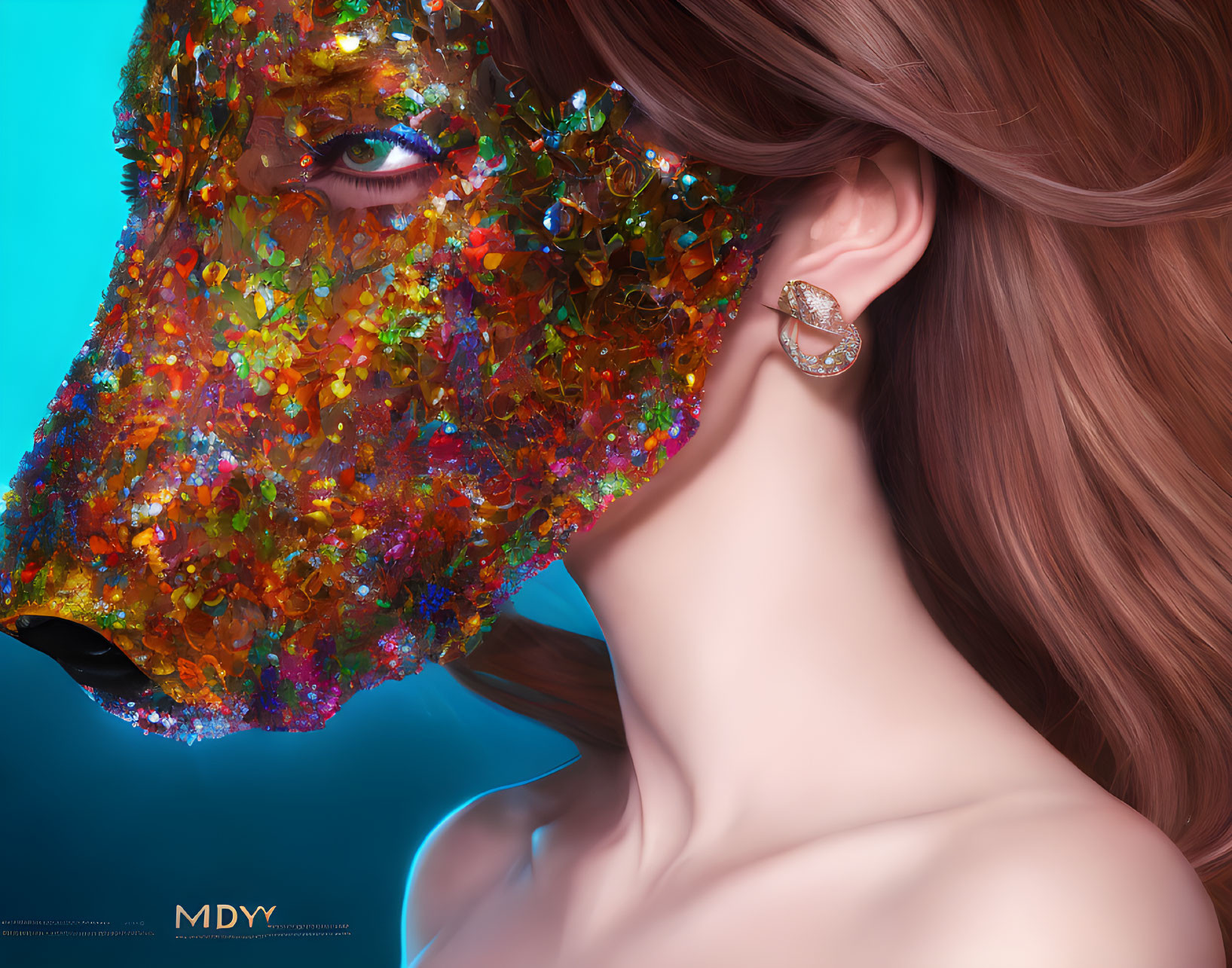 Long Wavy Hair Woman with Glittering Multicolored Mask and Hoop Earring