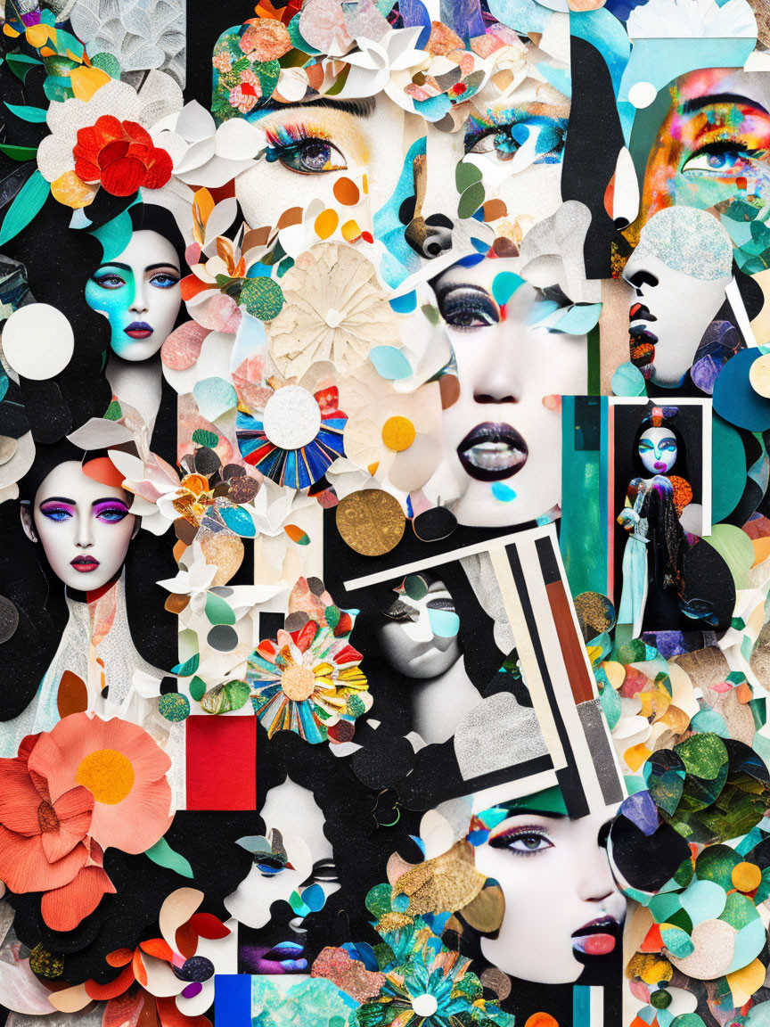 Colorful Artistic Faces Collage with Floral and Geometric Elements