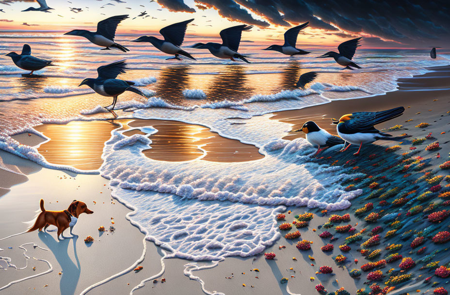 Birds flying over sunset-lit beach with dog and colorful shells