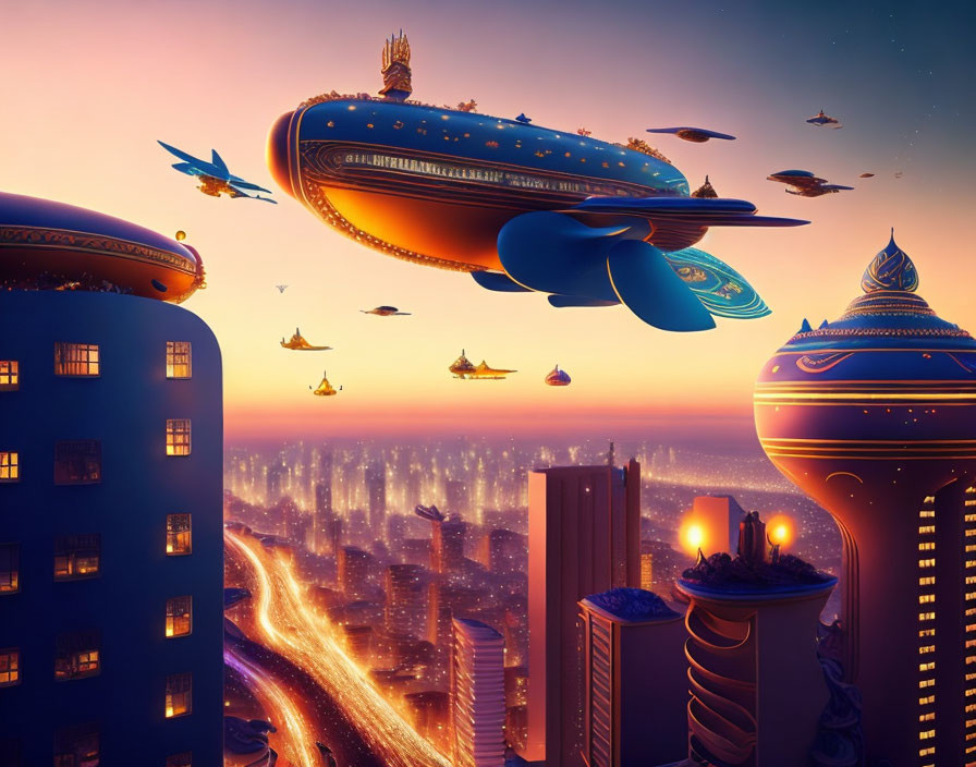 Futuristic cityscape with flying vehicles and ornate domed buildings at dusk