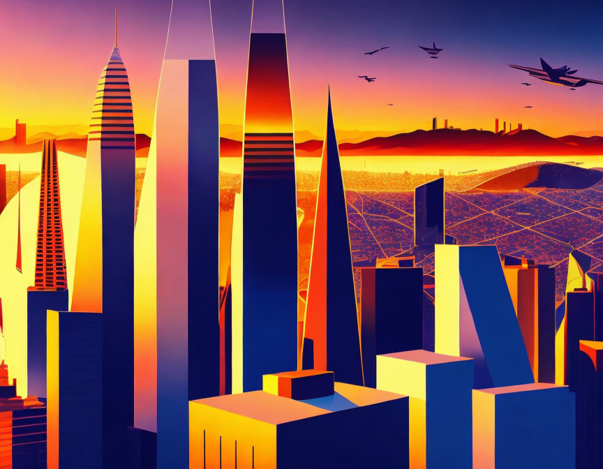 Futuristic cityscape at sunset with sharp geometries and flying vehicles