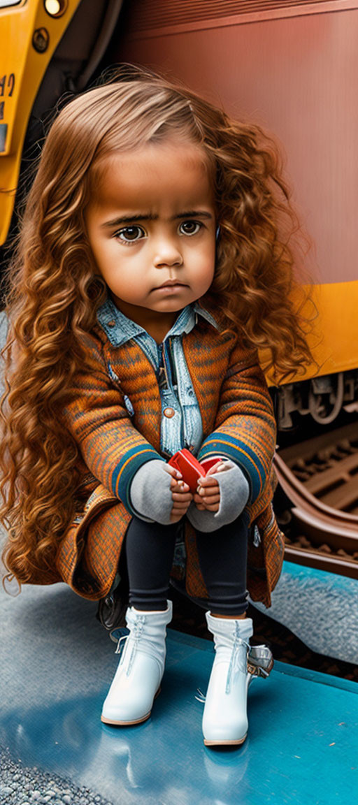 Serious young girl with curly hair in striped sweater by train