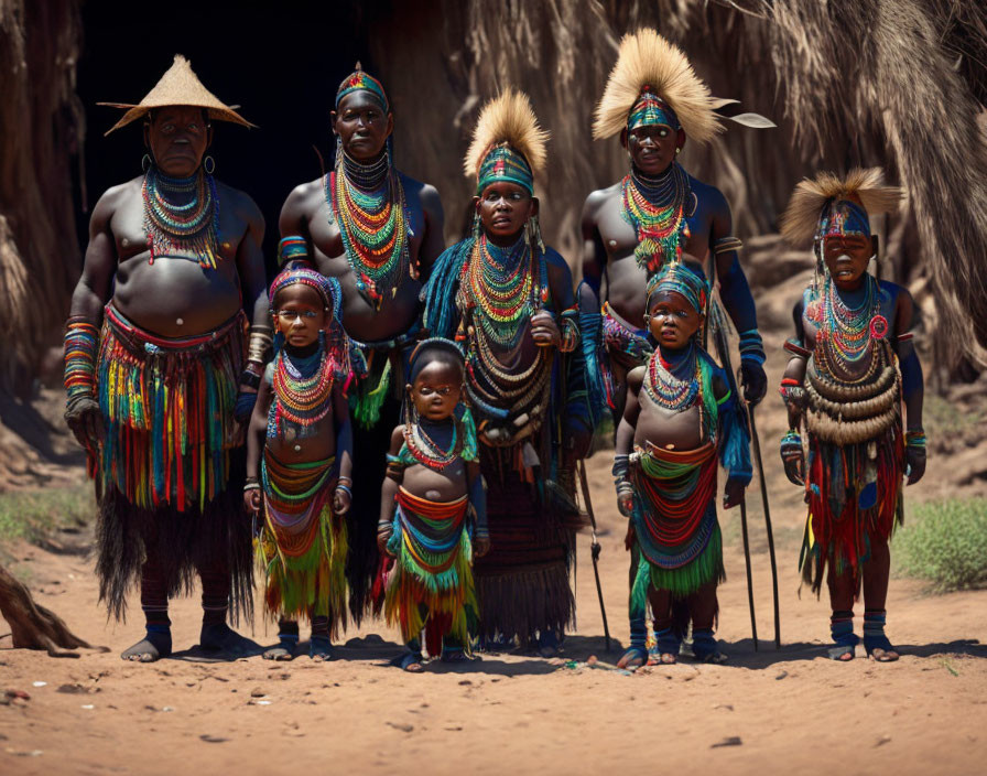 Traditional African Attire: Colorful Beads and Headdresses in Front of Hut