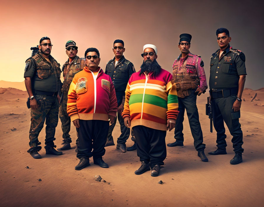 Seven Men in Diverse Attire Standing in Desert Setting at Dusk