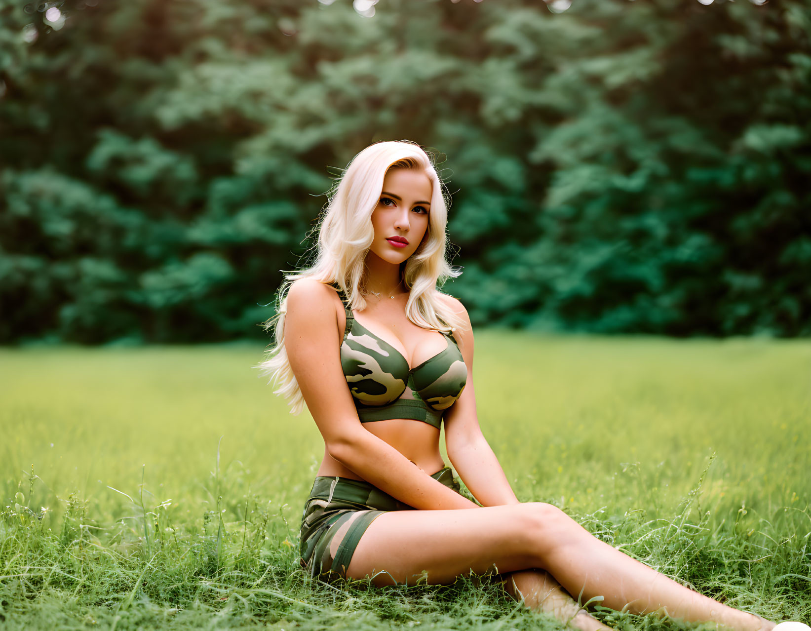 Camouflaged woman sitting on grass in lush greenery