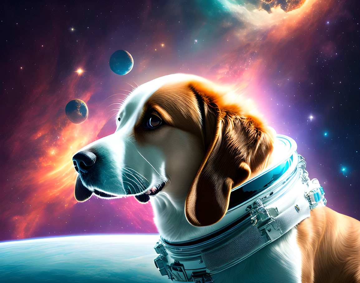 Beagle Dog in Space Suit with Cosmic Background