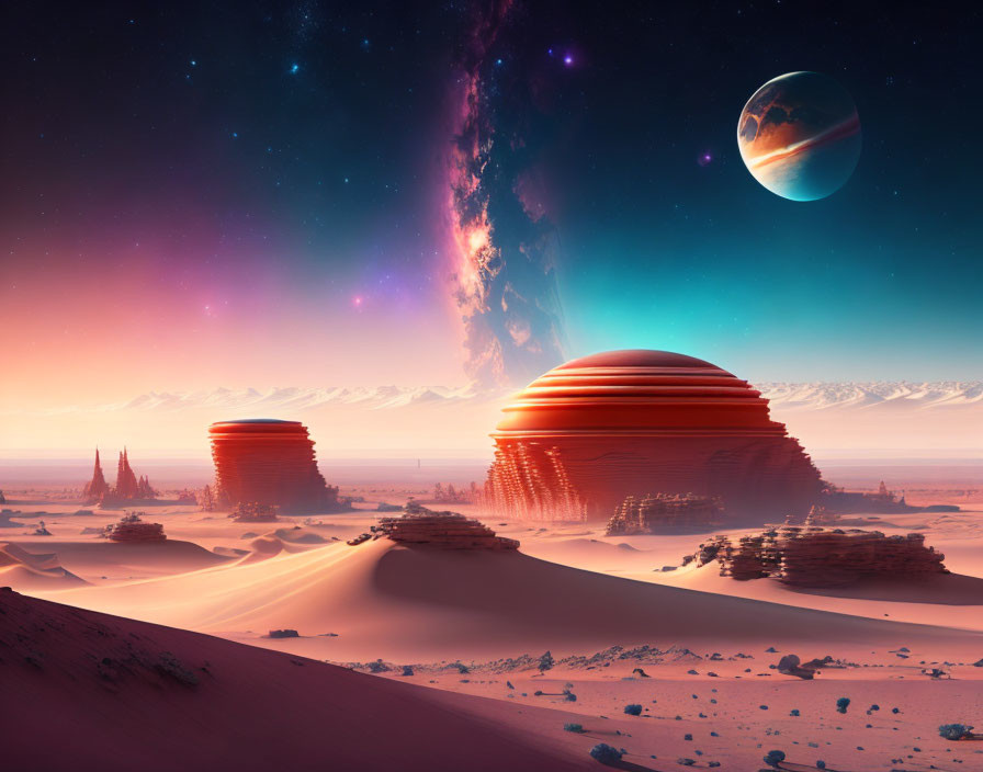 Surreal desert landscape with red rock formations and cosmic sky