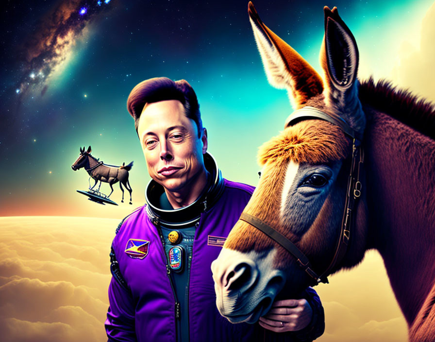 Surreal digital artwork: man in purple space suit with donkey in cosmic setting