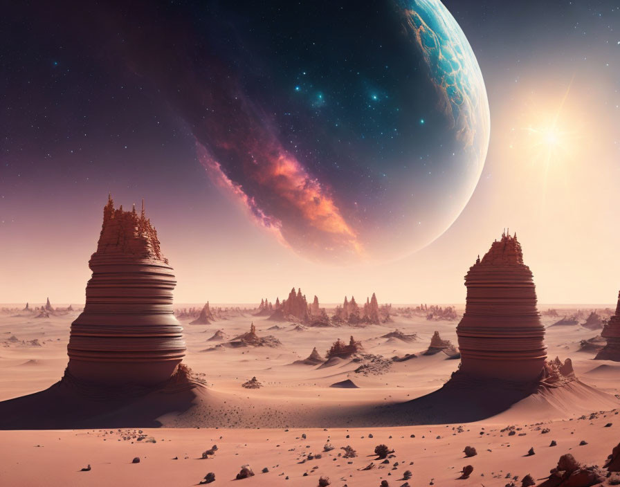 Surreal desert landscape with towering rock formations and large planet in the sky