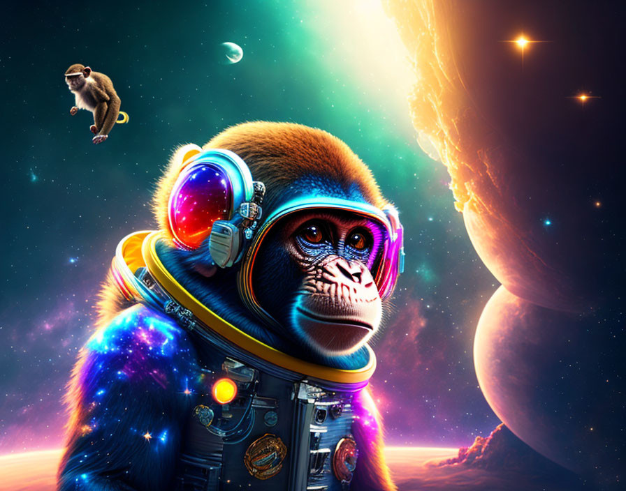 Colorful monkey astronaut in detailed spacesuit against cosmic backdrop.