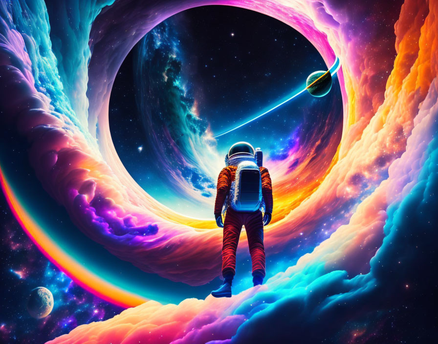 Astronaut in front of cosmic portal with swirling colors and distant planets.