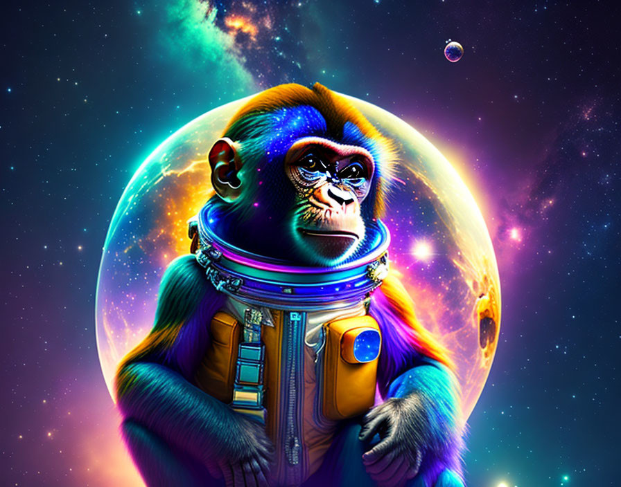 Colorful chimpanzee in space suit with cosmic background.