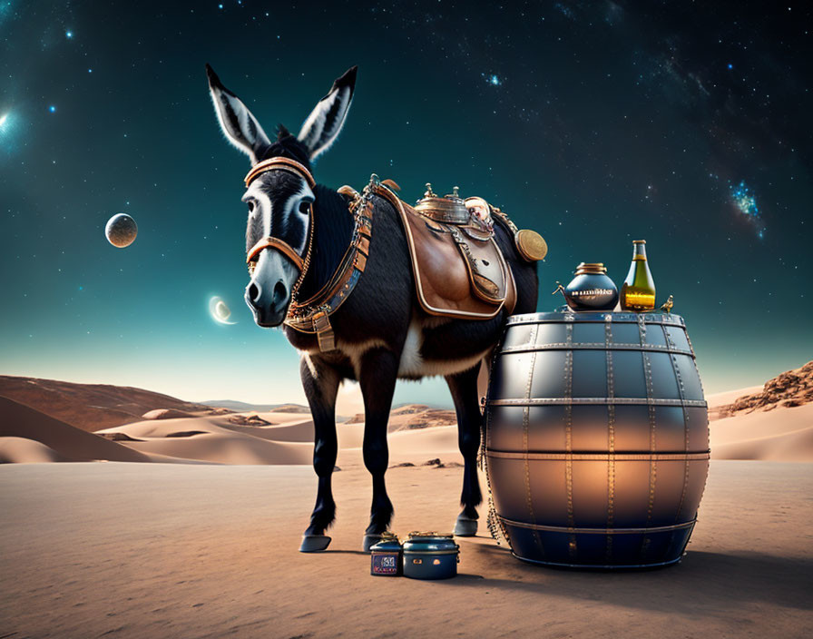 Ornate-harnessed donkey near metal barrel in desert with astronauts' helmets and canned food