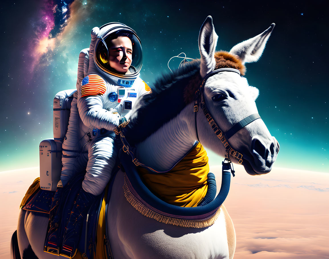 Astronaut on donkey in cosmic surreal scene