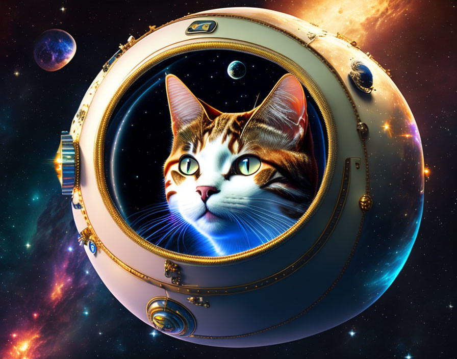 Colorful Space Cat Artwork in Golden Spaceship Porthole