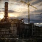 Decaying multi-story buildings and damaged communication towers under a twilight sky