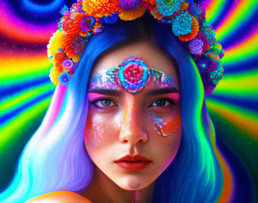 Colorful portrait of person with blue hair and floral wreath in psychedelic setting