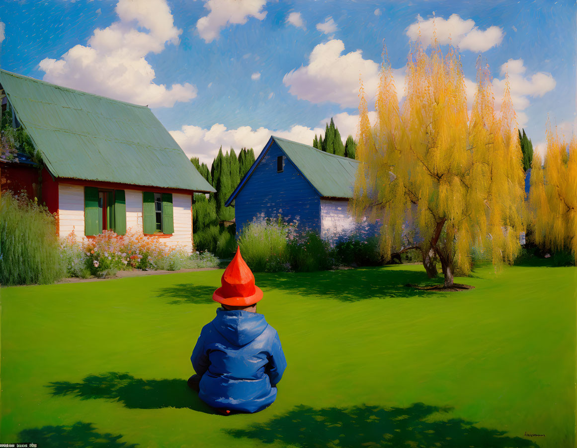 Person in bright red gnome hat and blue jacket sitting outdoors among vibrant greenery and tall yellow trees.