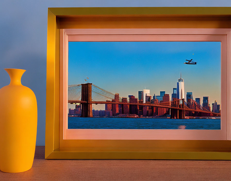 Yellow Vase and Brooklyn Bridge Picture with Sunset Cityscape