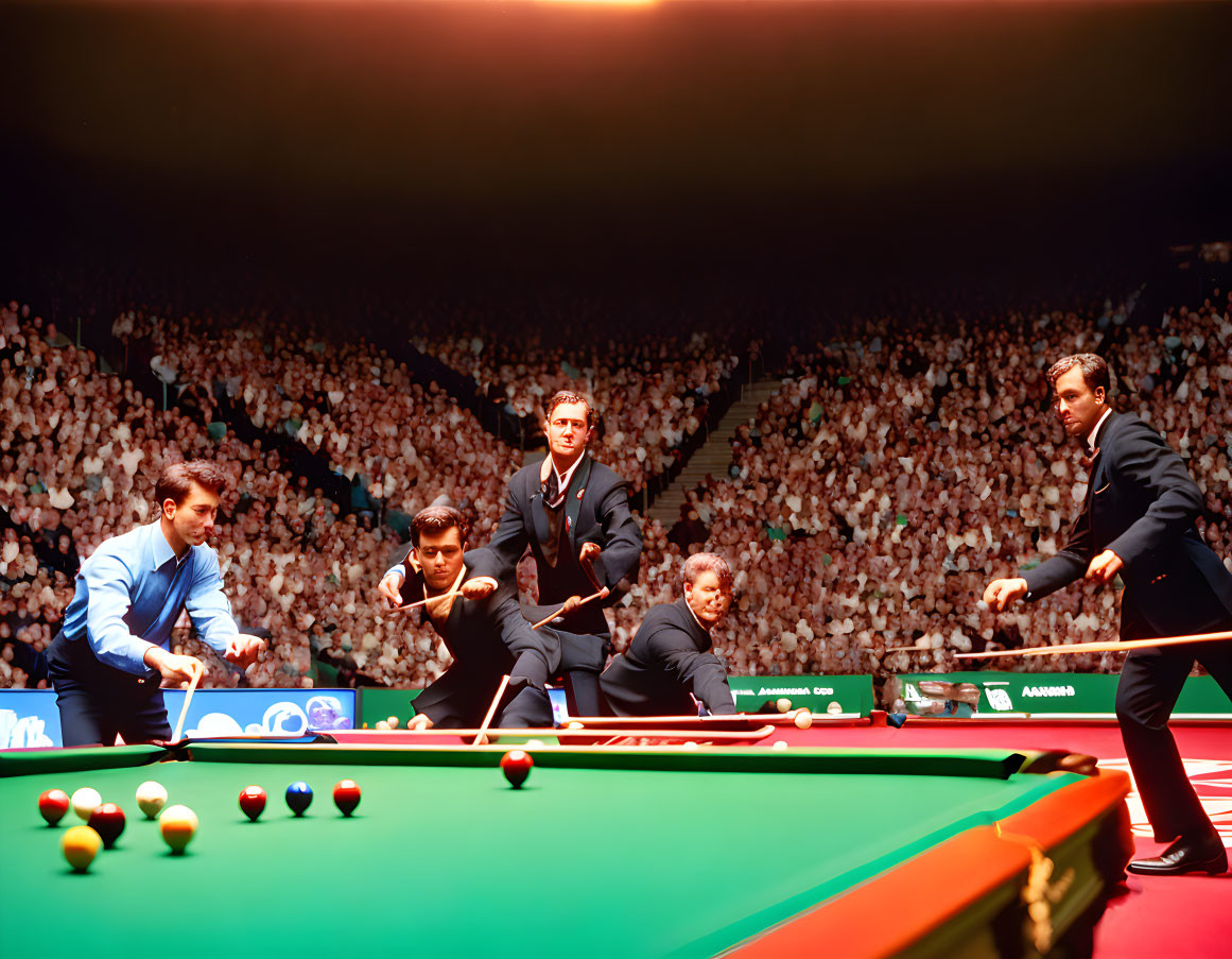 Men in formal wear playing snooker in competitive setting with focused crowd.