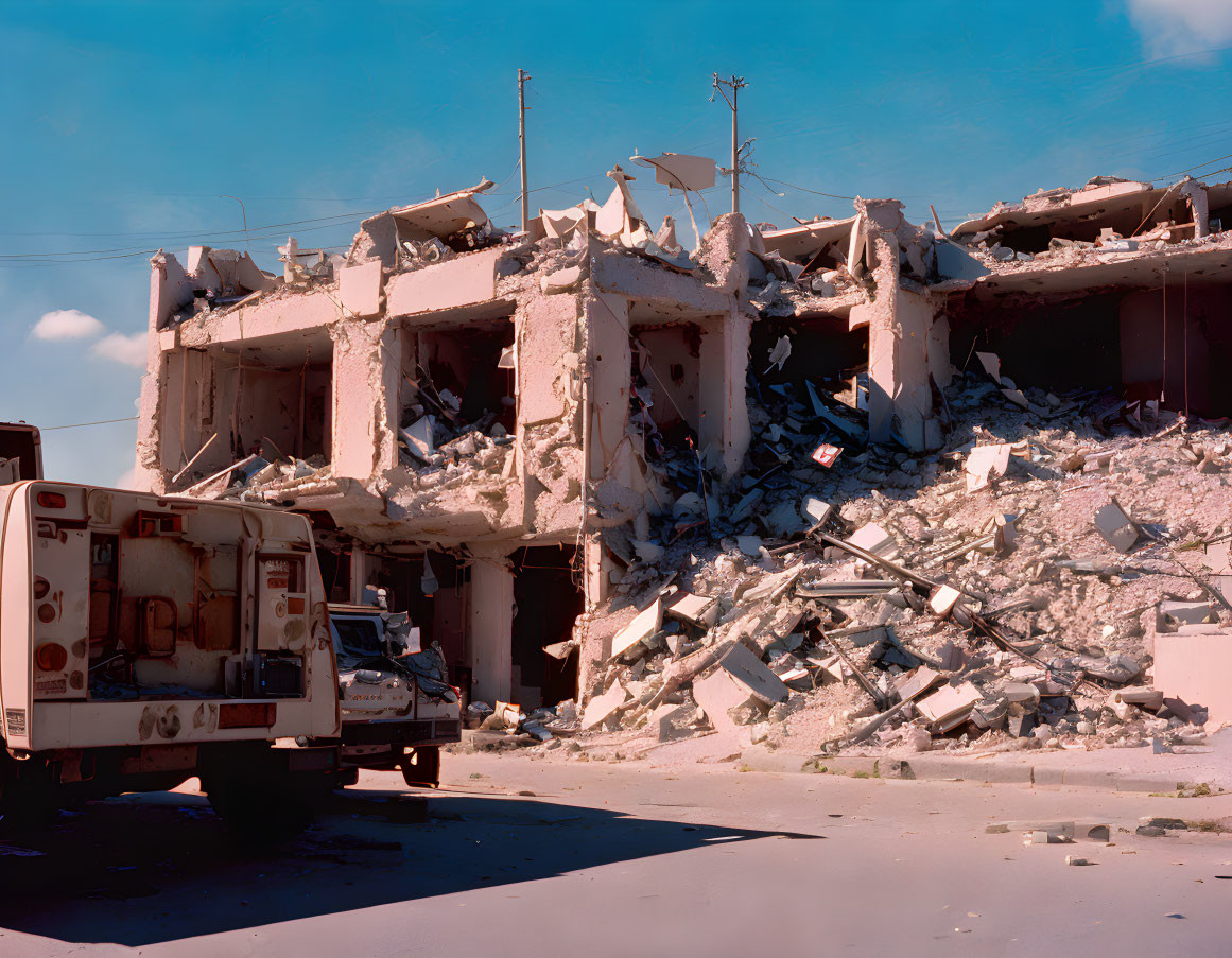 Collapsed Building and Emergency Vehicle Amid Debris