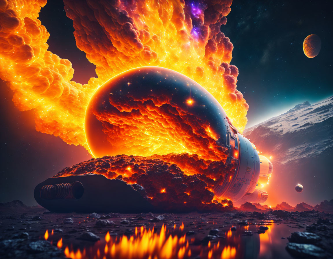 Futuristic spaceship engulfed in fiery explosion on alien planet