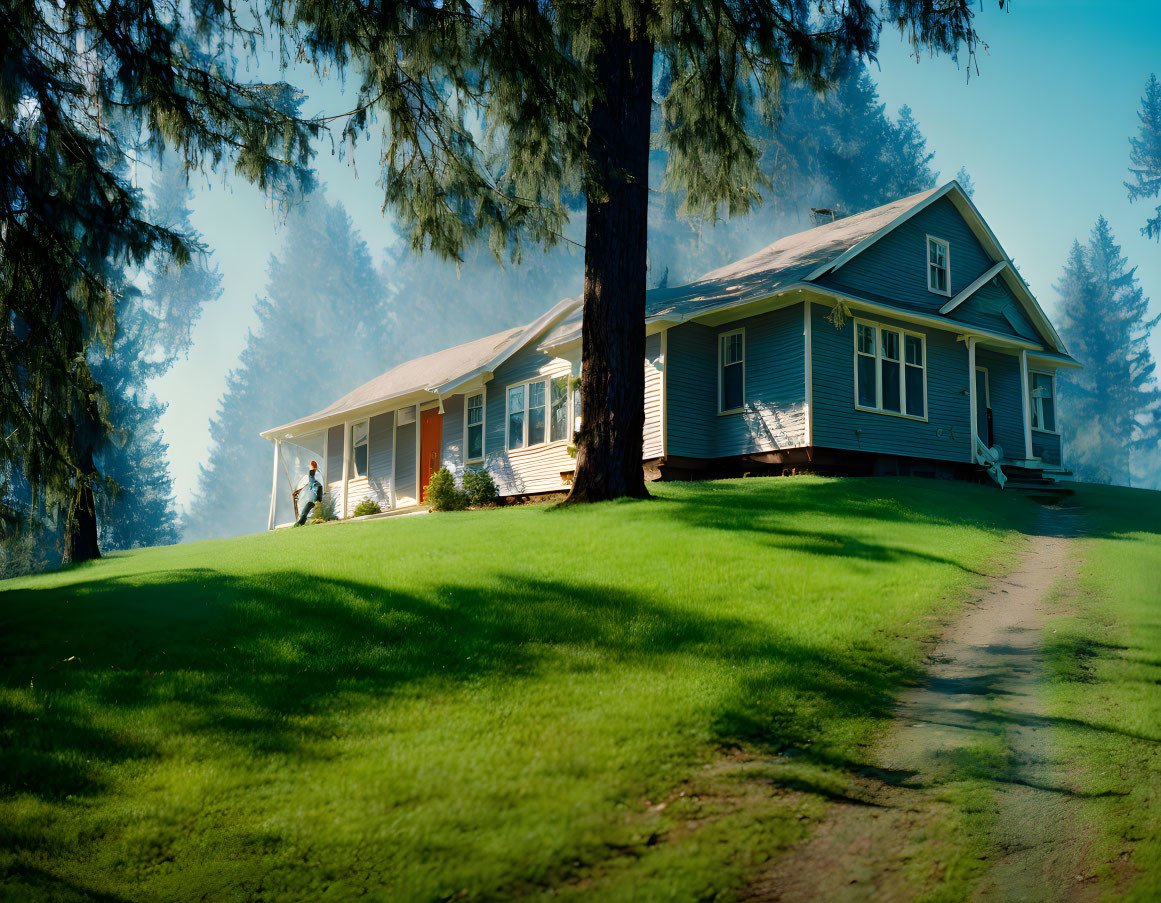 Tranquil scene of person on porch of blue house surrounded by lush greenery