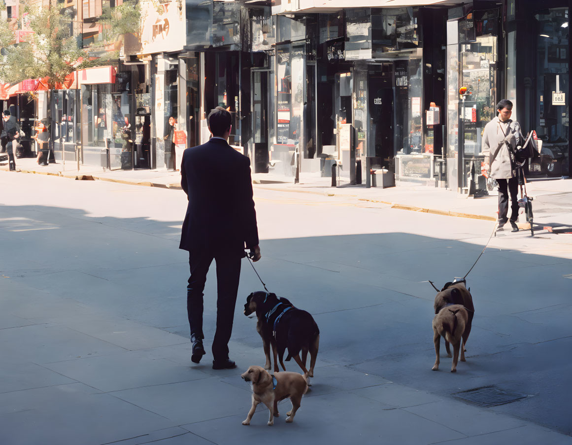 Man in suit walks three dogs on city sidewalk with pedestrians and shops.