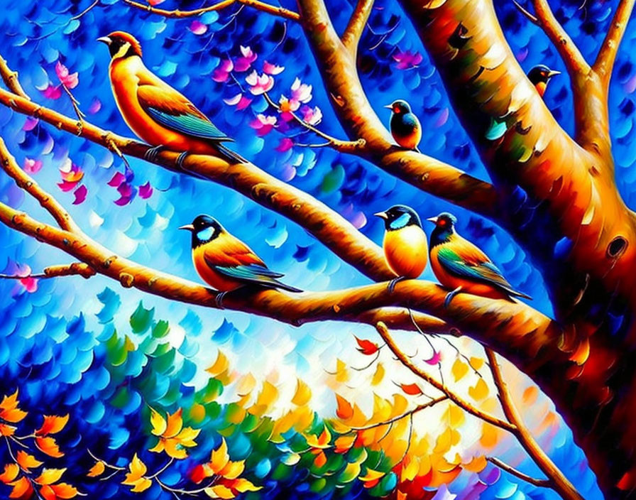 Colorful Bird Painting on Tree Branches with Multicolored Leaves and Blue Background