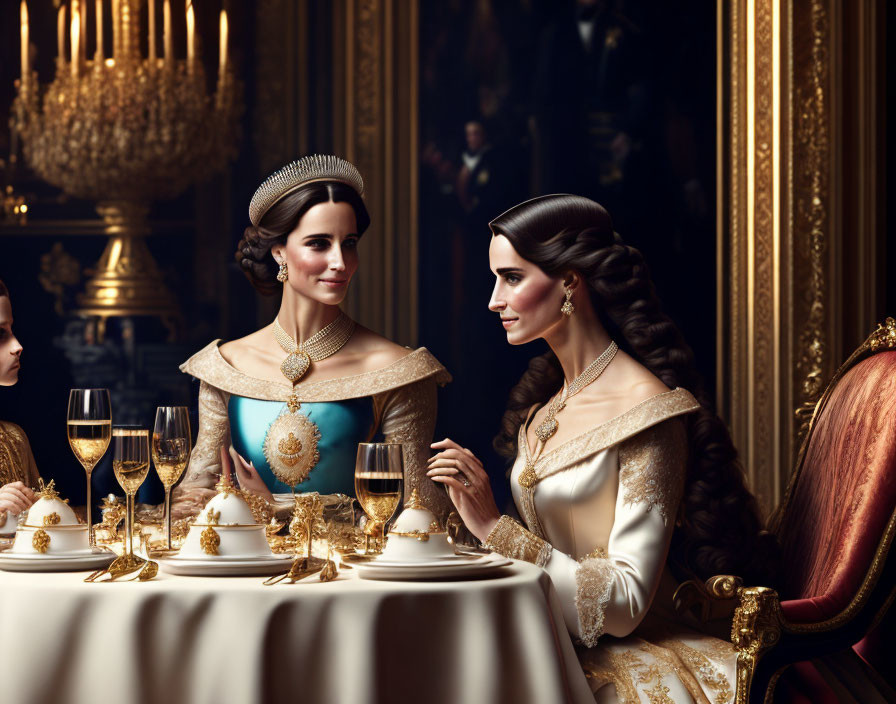 Historical banquet scene with elegant women in luxurious attire