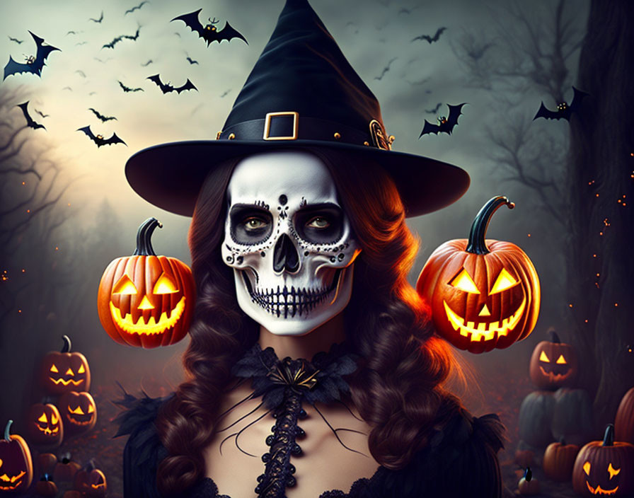 Woman with skull face paint in witch hat surrounded by Halloween decor.