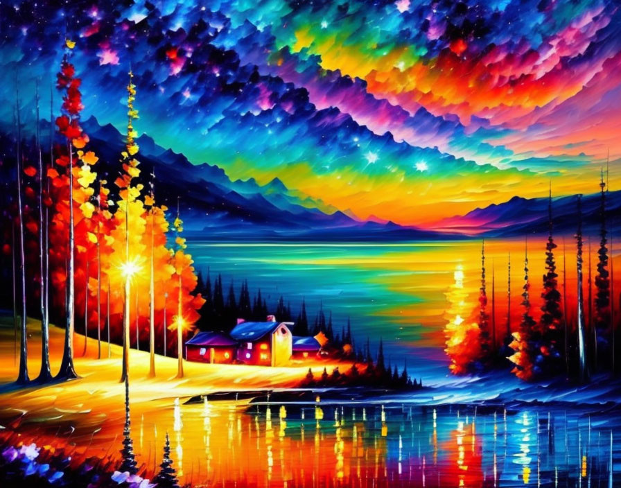 Scenic lakeside cabin painting at sunset with colorful trees and starry sky