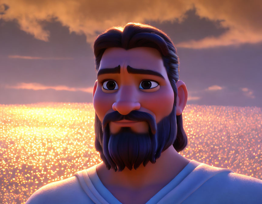 Blue-bearded animated character smiling with sunset reflection.