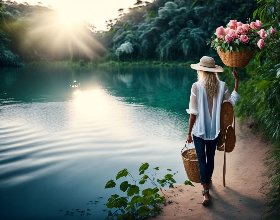 Woman with hat walking by lake at sunset with flowers basket