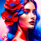 Woman with Blue Hair and Floral Hair Accessories in Vibrant Portrait