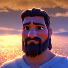 Blue-bearded animated character smiling with sunset reflection.