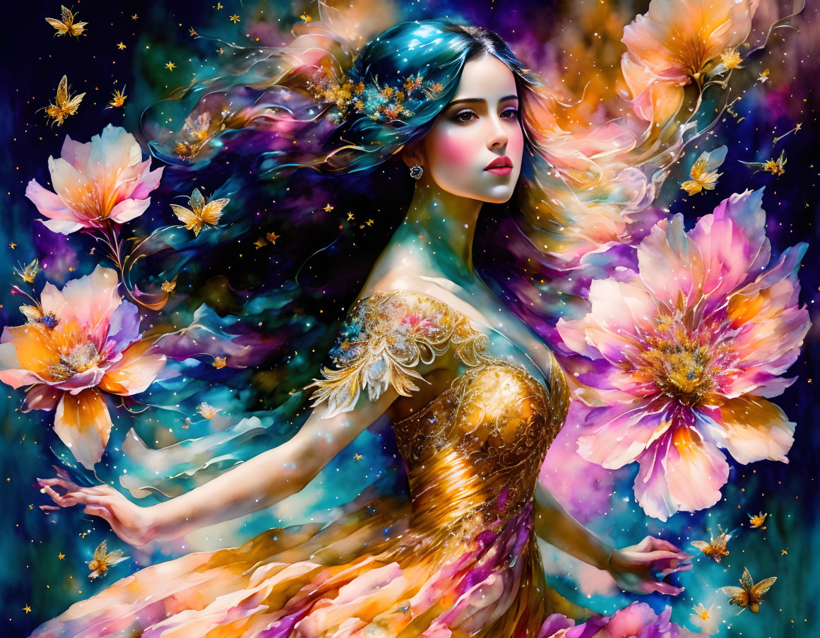 Colorful Artwork: Woman with flowing hair and dress surrounded by flowers and butterflies on starry backdrop